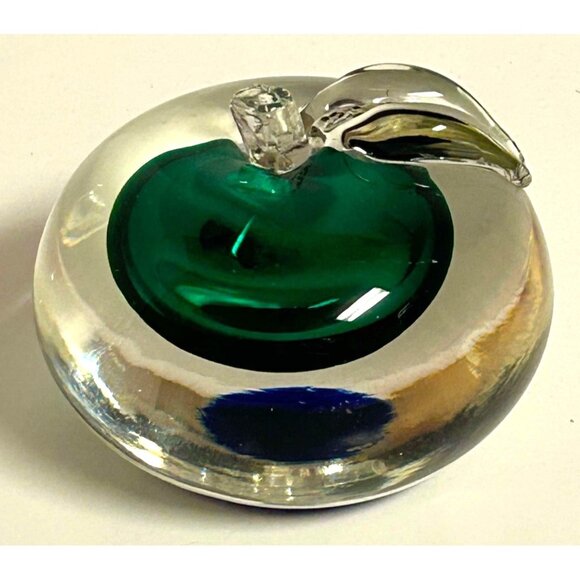 Hand-Blown Glass Apple Paperweight With Green & Blue Accents - Picture 5 of 6